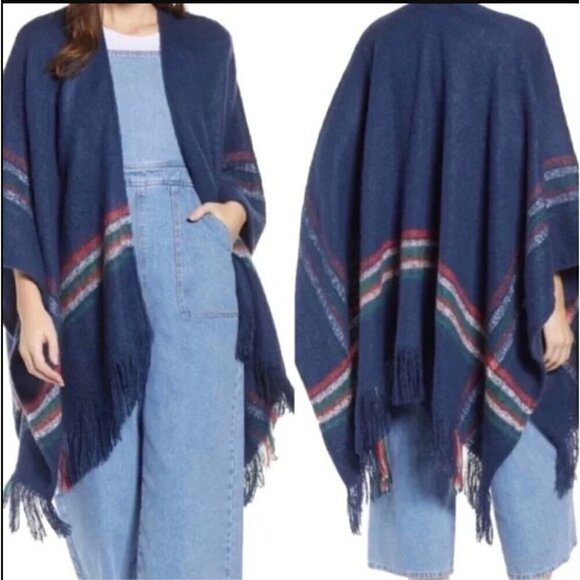 NWT Free People Wren Poncho Cape Blanket Wrap Blue Striped Fringed OSFM - Picture 2 of 12